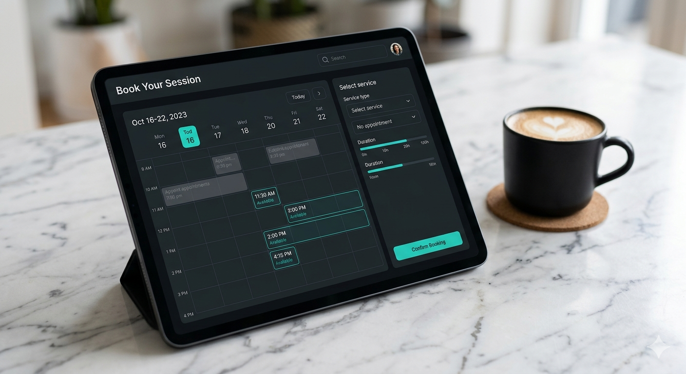 Tablet preview of SmartStack online booking system showing available consultation slots