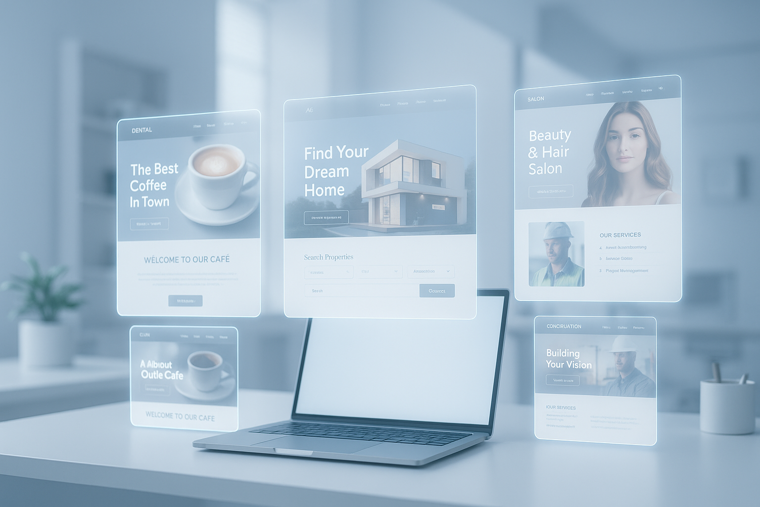 Multiple SmartStack-built business websites — cafe, real estate, salon — floating above a laptop