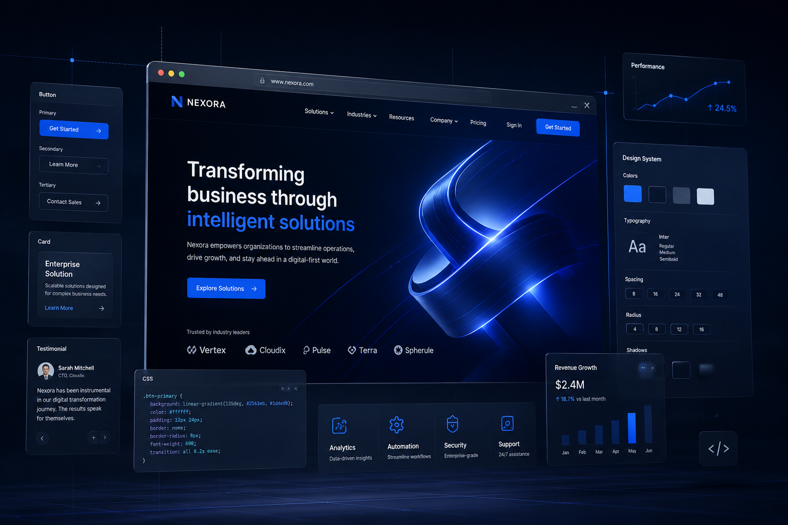 SmartStack design-system mockup showing dashboard, analytics, and AI integration panels